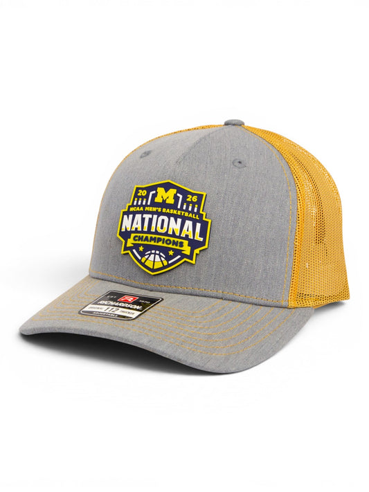 Michigan Wolverines 2026 Basketball National Champions 3D Snapback Trucker Hat- Heather Grey/ Amber