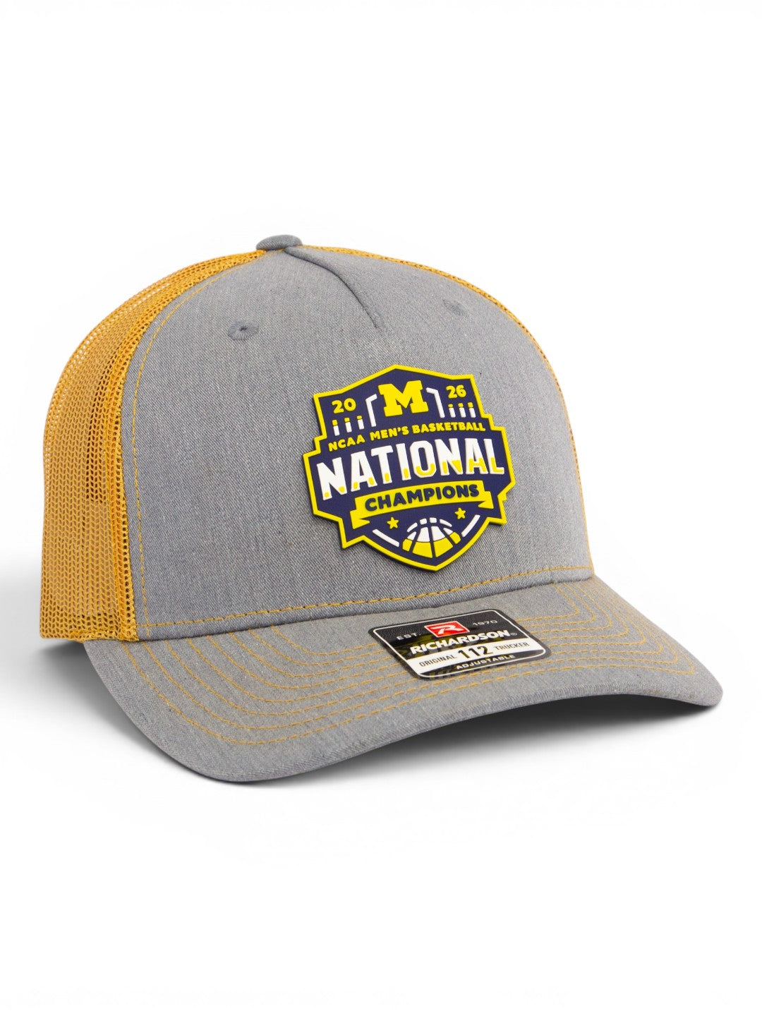 Michigan Wolverines 2026 Basketball National Champions 3D Snapback Trucker Hat- Heather Grey/ Amber