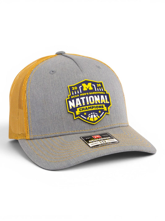 Michigan Wolverines 2026 Basketball National Champions 3D Snapback Trucker Hat- Heather Grey/ Amber