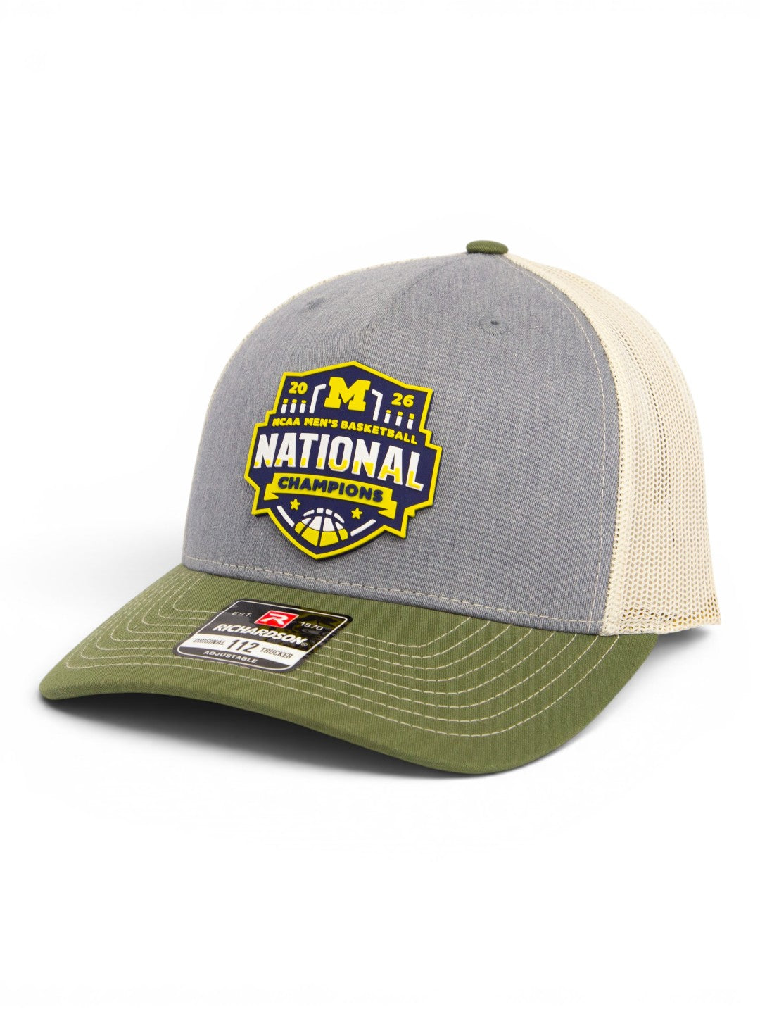Michigan Wolverines 2026 Basketball National Champions 3D Snapback Trucker Hat- Heather Grey/ Birch/ Army Olive