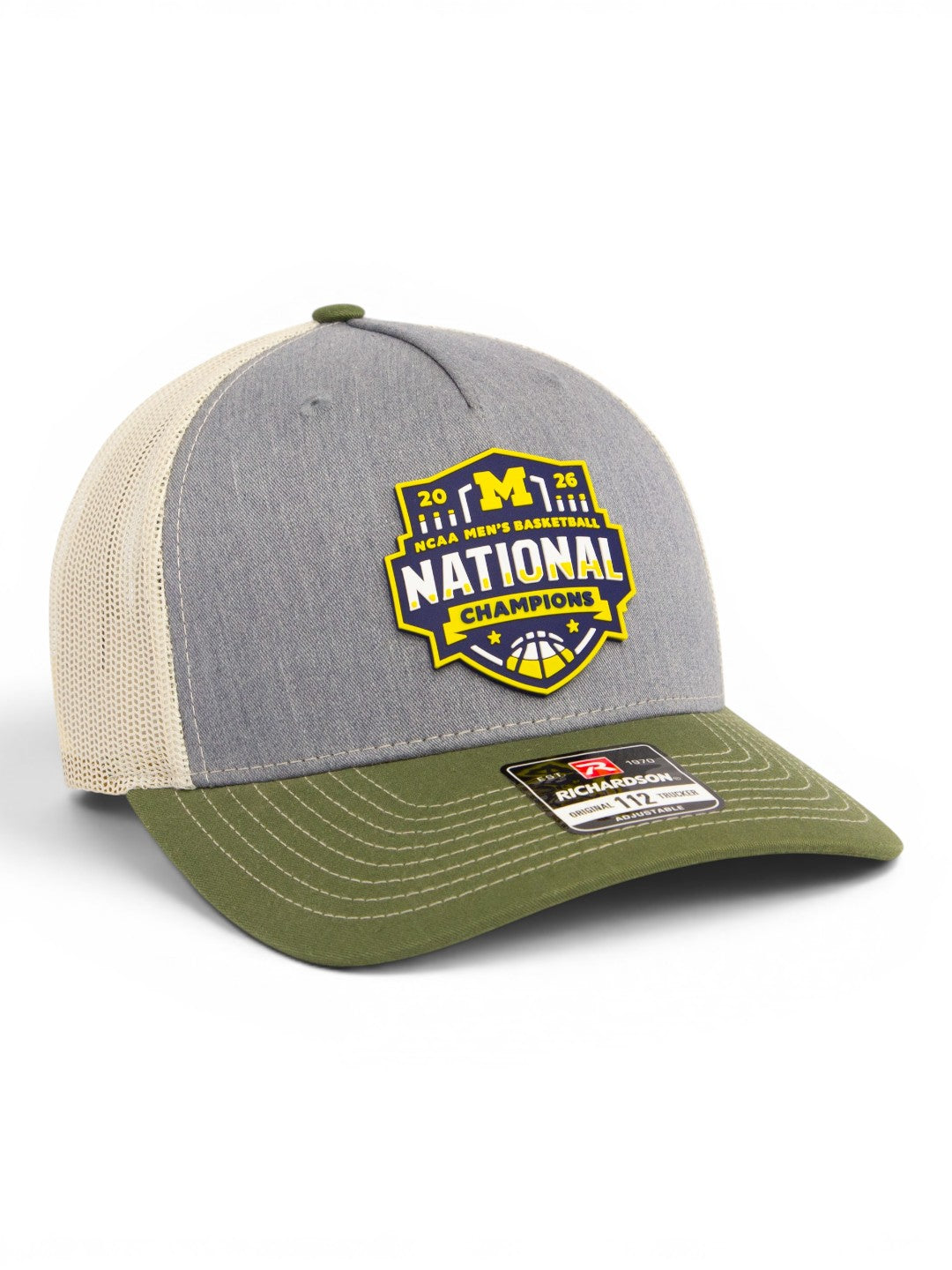 Michigan Wolverines 2026 Basketball National Champions 3D Snapback Trucker Hat- Heather Grey/ Birch/ Army Olive