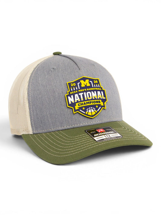 Michigan Wolverines 2026 Basketball National Champions 3D Snapback Trucker Hat- Heather Grey/ Birch/ Army Olive
