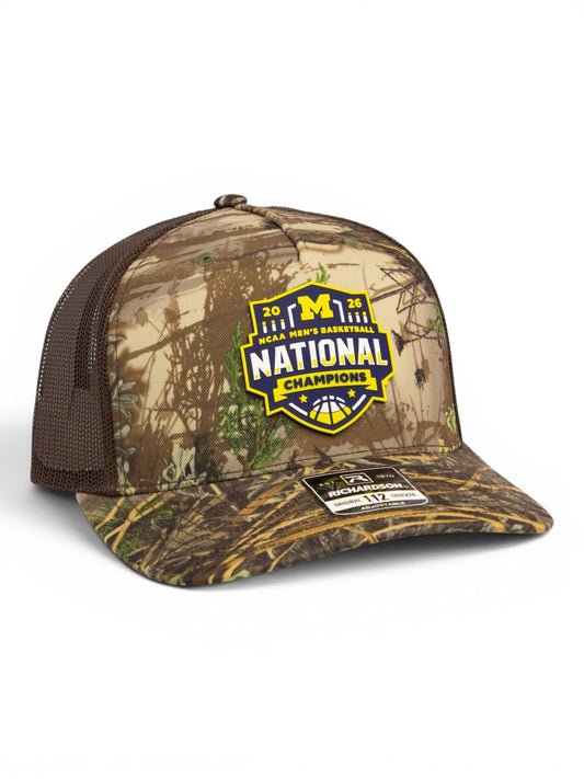 Michigan Wolverines 2026 Basketball National Champions 3D Snapback Trucker Hat- Realtree Max-1/ Brown