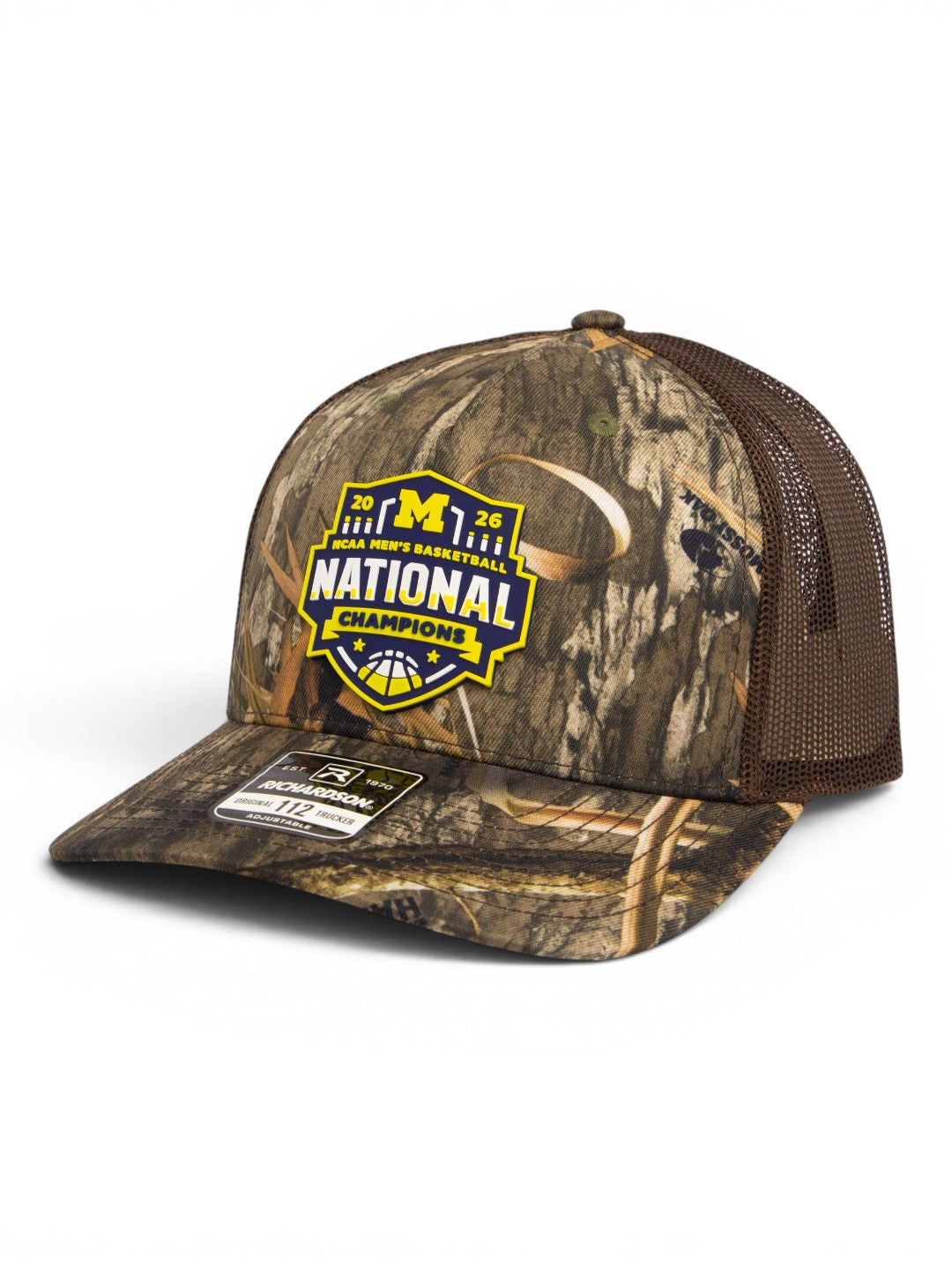 Michigan Wolverines 2026 Basketball National Champions 3D Snapback Trucker Hat- Mossy Oak Habitat/ Brown