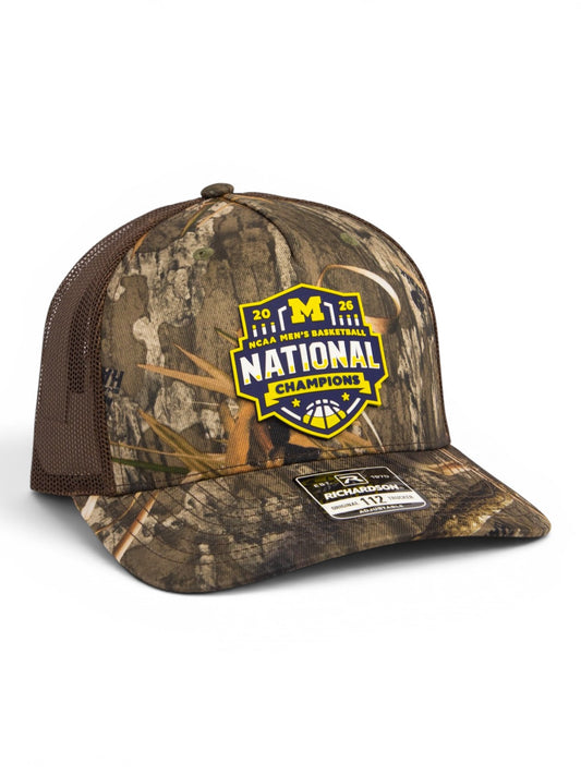 Michigan Wolverines 2026 Basketball National Champions 3D Snapback Trucker Hat- Mossy Oak Habitat/ Brown