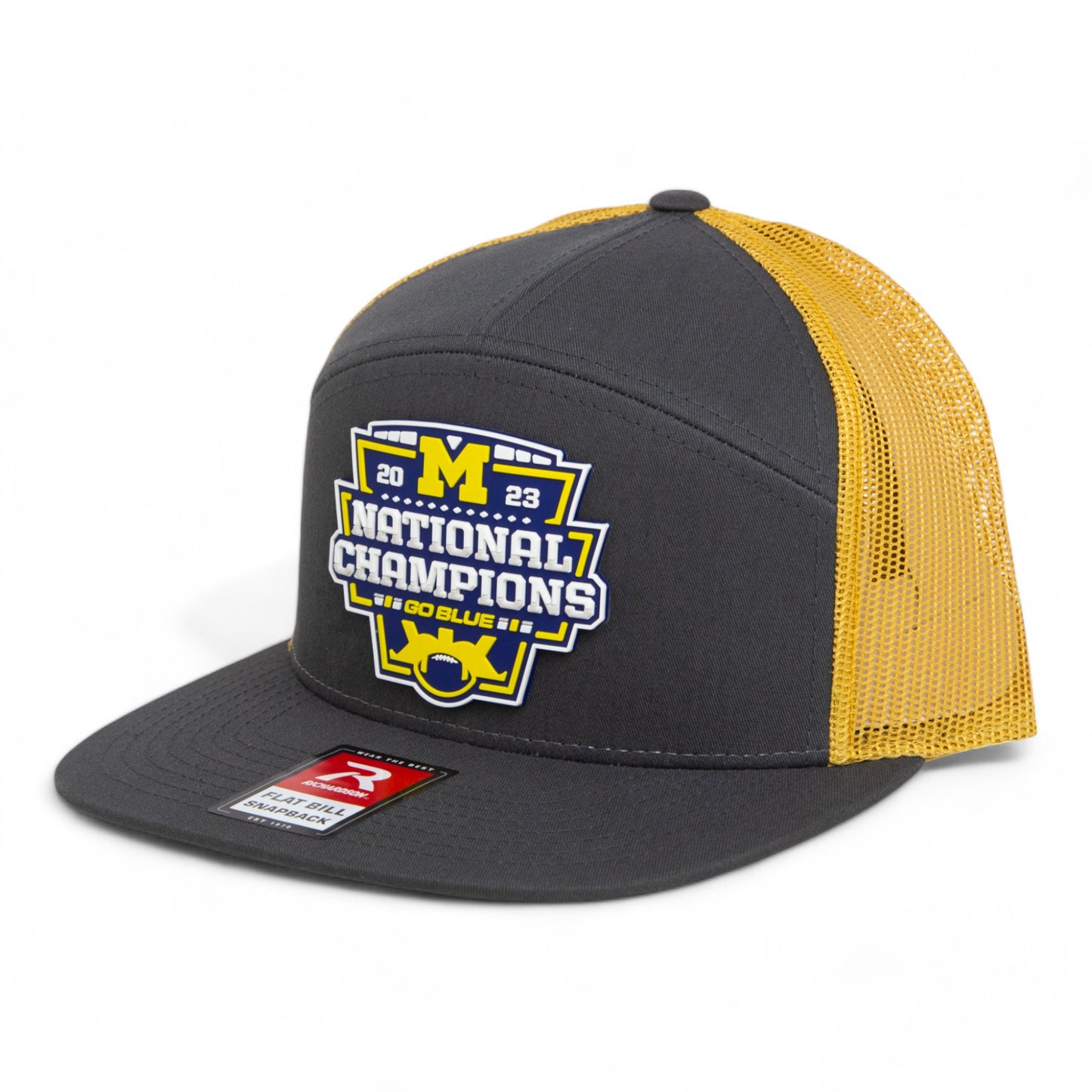 Michigan Wolverines College Football National Champions 3D Snapback Seven-Panel Flat Bill Trucker Hat- Charcoal/ Old Gold