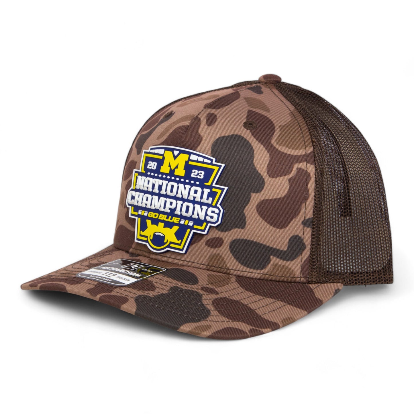 Michigan Wolverines College Football National Champions 3D Snapback Trucker Hat- Bark Duck Camo/ Brown