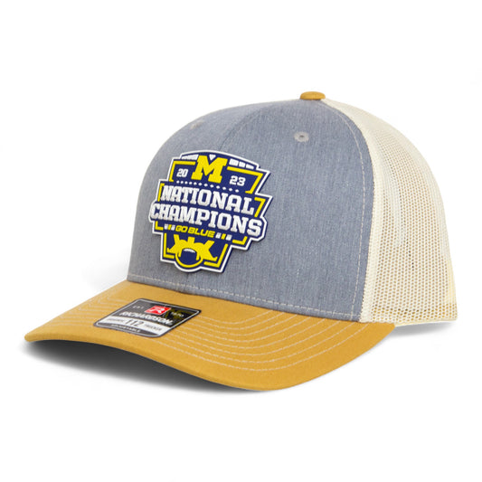 Michigan Wolverines College Football National Champions 3D Snapback Trucker Hat- Heather Grey/ Birch/ Amber Gold