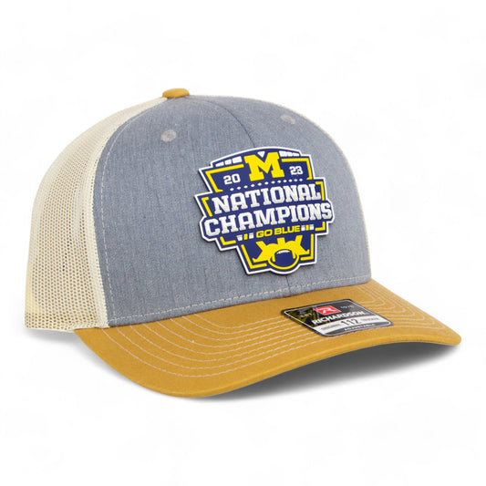 Michigan Wolverines College Football National Champions 3D Snapback Trucker Hat- Heather Grey/ Birch/ Amber Gold