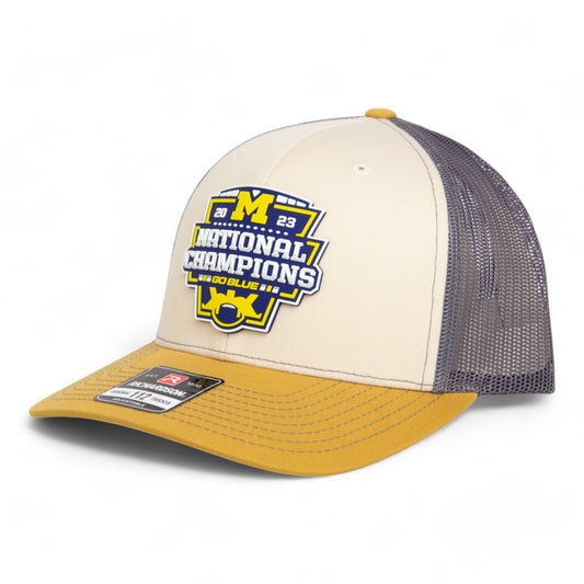 Michigan Wolverines College Football National Champions 3D Snapback Trucker Hat- Mink Beige/ Charcoal/ Amber Gold