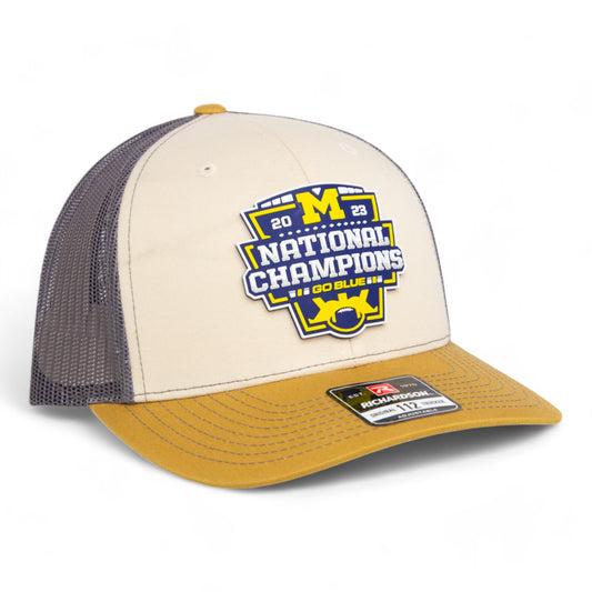 Michigan Wolverines College Football National Champions 3D Snapback Trucker Hat- Mink Beige/ Charcoal/ Amber Gold