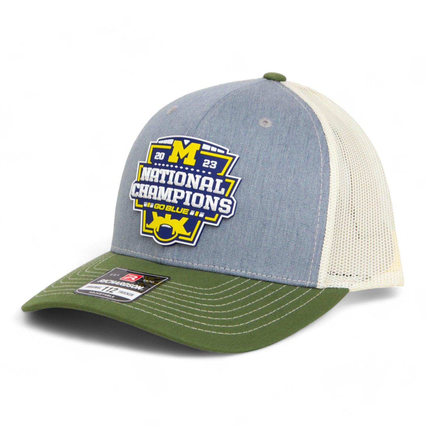 Michigan Wolverines College Football National Champions 3D Snapback Trucker Hat- Heather Grey/ Birch/ Olive