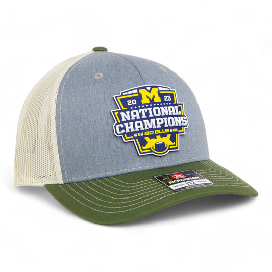 Michigan Wolverines College Football National Champions 3D Snapback Trucker Hat- Heather Grey/ Birch/ Olive