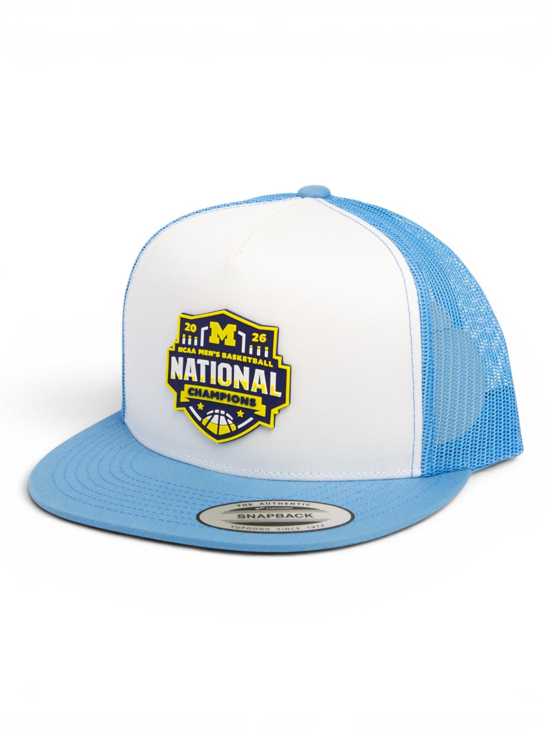 Michigan Wolverines 2026 Basketball National Champions 3D YP Snapback Flat Bill Trucker Hat- White/ Sky Blue