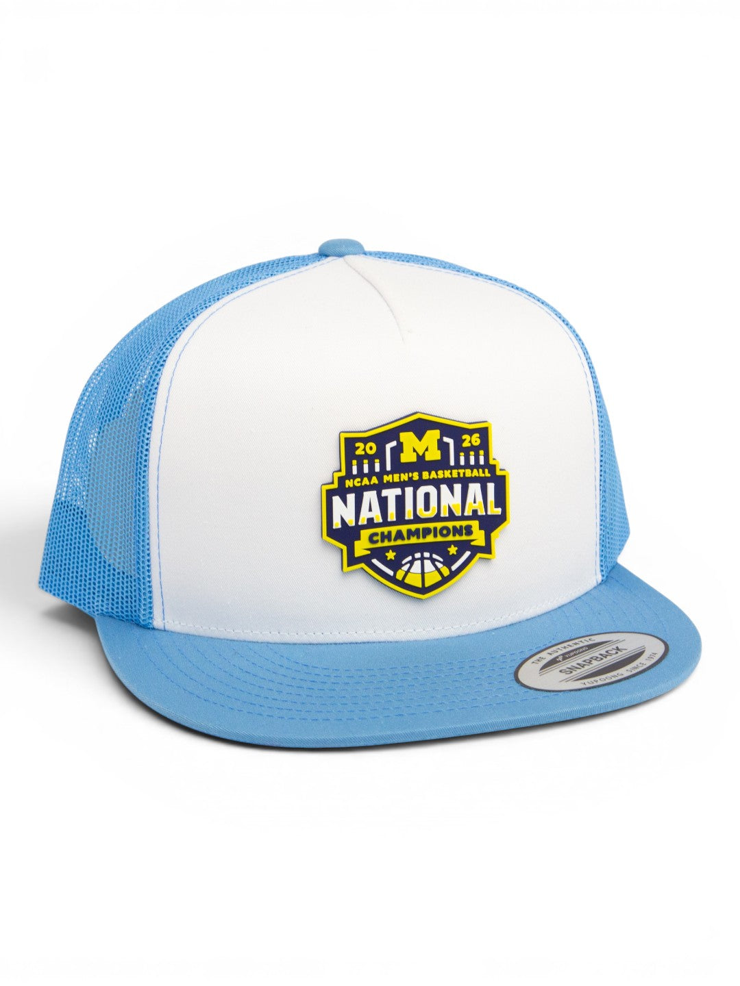 Michigan Wolverines 2026 Basketball National Champions 3D YP Snapback Flat Bill Trucker Hat- White/ Sky Blue