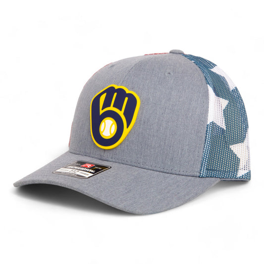 Milwaukee Brewers 3D Snapback Trucker Hat- Heather Grey/ Stars & Stripes