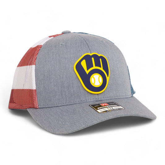 Milwaukee Brewers 3D Snapback Trucker Hat- Heather Grey/ Stars & Stripes