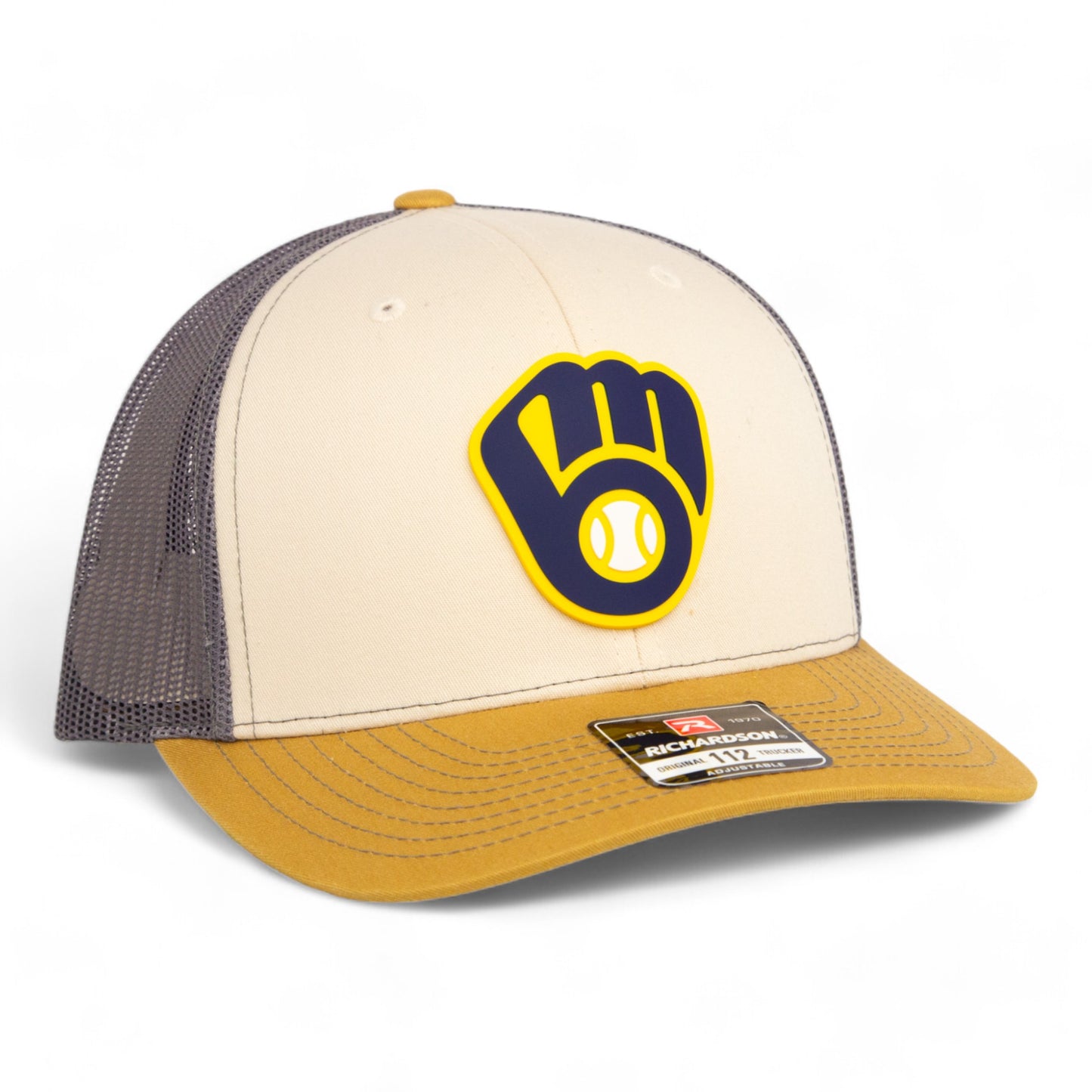 Milwaukee Brewers 3D Snapback Trucker Hat- Mink Beige/ Charcoal/ Amber Gold