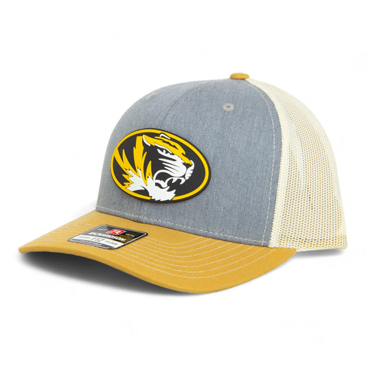 Missouri Tigers 3D Snapback Trucker Hat- Heather Grey/ Birch/ Amber Gold