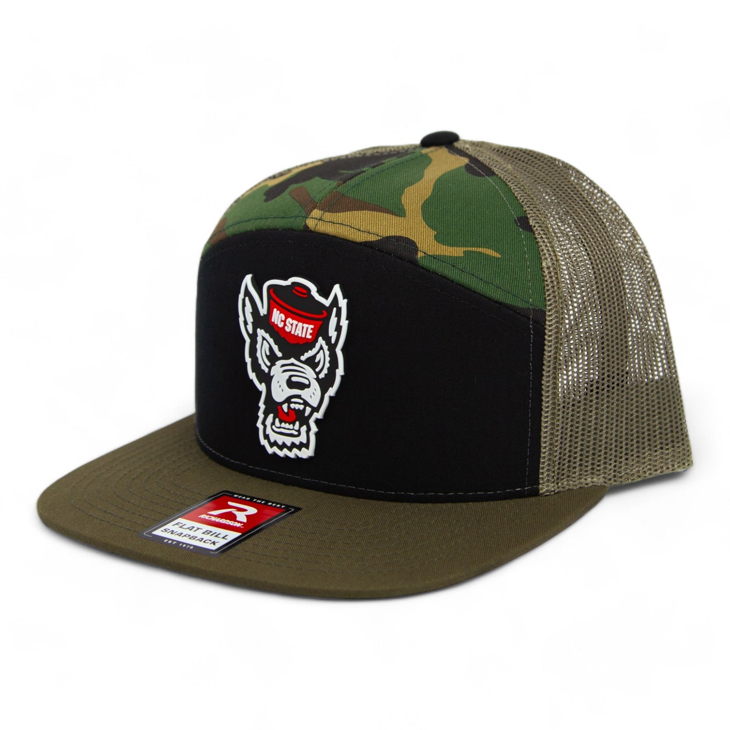 NC State Wolfpack 2024 Men's College World Series 3D Snapback Seven-Panel Flat Bill Trucker Hat- Black/ Camo/ Loden