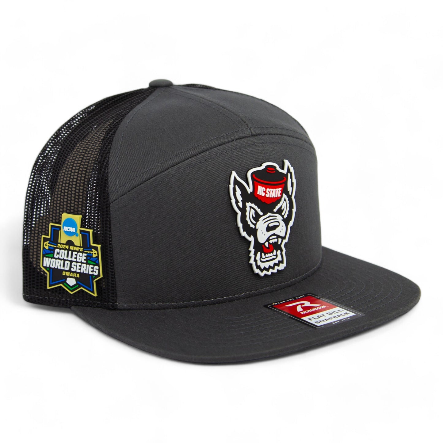 NC State Wolfpack 2024 Men's College World Series 3D Snapback Seven-Panel Flat Bill Trucker Hat- Charcoal/ Black