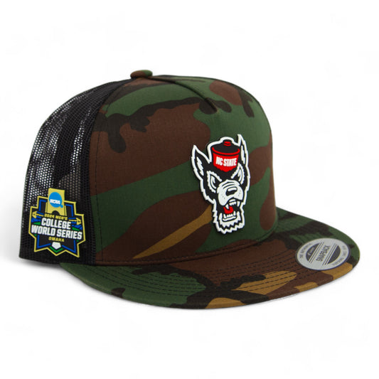 NC State Wolfpack 2024 Men's College World Series 3D YP Snapback Flat Bill Trucker Hat- Army Camo/ Black