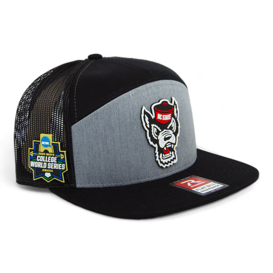 NC State Wolfpack 2024 Men's College World Series 3D Snapback Seven-Panel Flat Bill Trucker Hat- Heather Grey/ Black