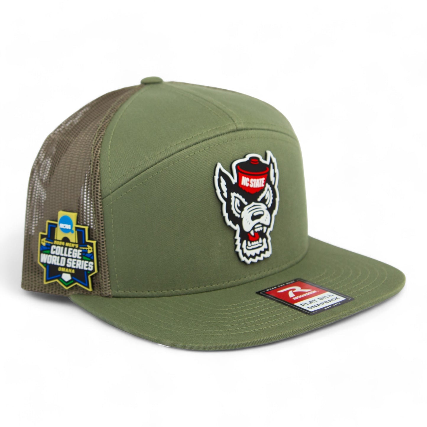 NC State Wolfpack 2024 Men's College World Series 3D Snapback Seven-Panel Flat Bill Trucker Hat- Loden Green