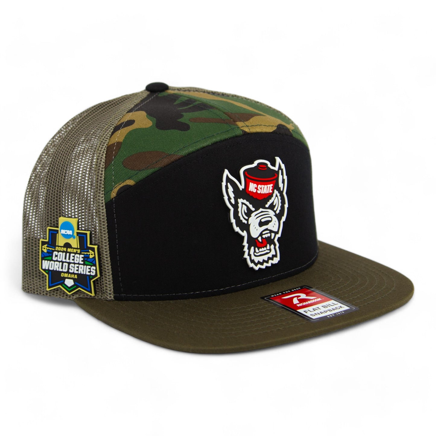 NC State Wolfpack 2024 Men's College World Series 3D Snapback Seven-Panel Flat Bill Trucker Hat- Black/ Camo/ Loden