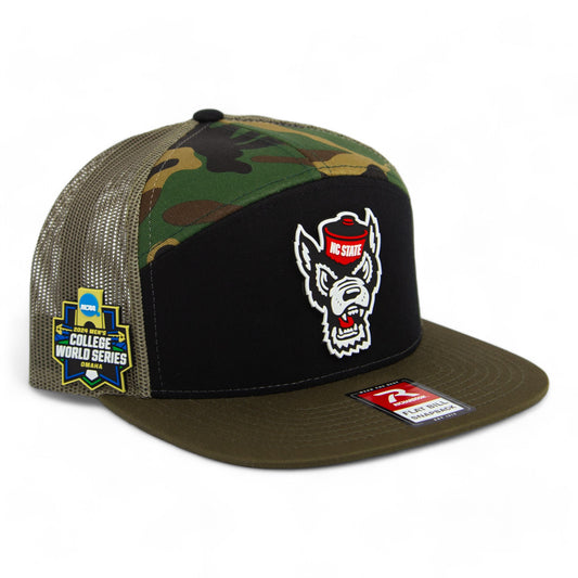 NC State Wolfpack 2024 Men's College World Series 3D Snapback Seven-Panel Flat Bill Trucker Hat- Black/ Camo/ Loden