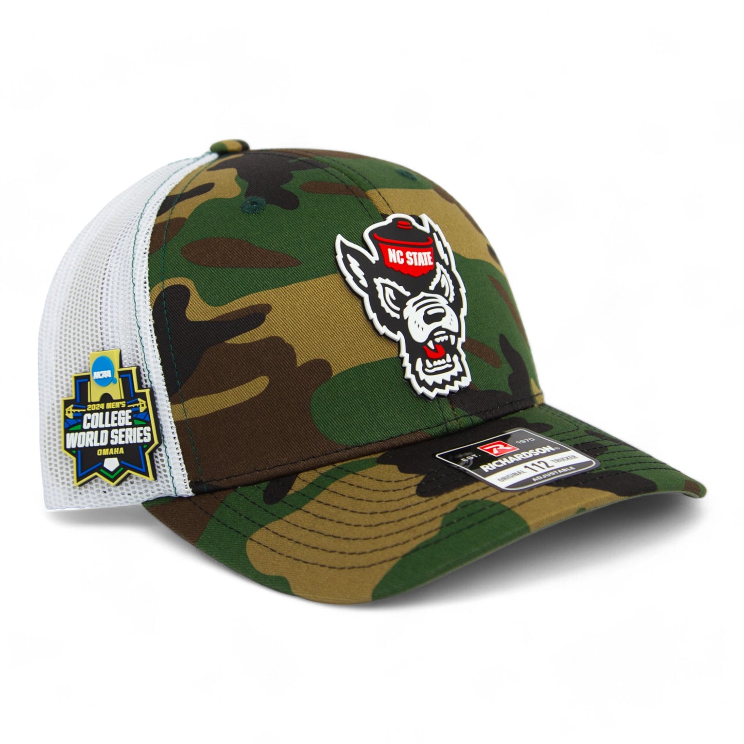 NC State Wolfpack 2024 Men's College World Series 3D Snapback Trucker Hat- Army Camo/ White