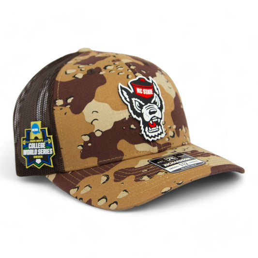 NC State Wolfpack 2024 Men's College World Series 3D Snapback Trucker Hat- Desert Camo/ Brown