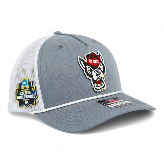 NC State Wolfpack 2024 Men's College World Series 3D Snapback Trucker Rope Hat- Heather Grey/ White