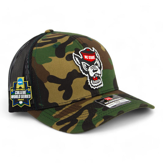 NC State Wolfpack 2024 Men's College World Series 3D Snapback Trucker Hat- Army Camo/ Black