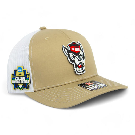 NC State Wolfpack 2024 Men's College World Series 3D Snapback Trucker Hat- Tan/ White