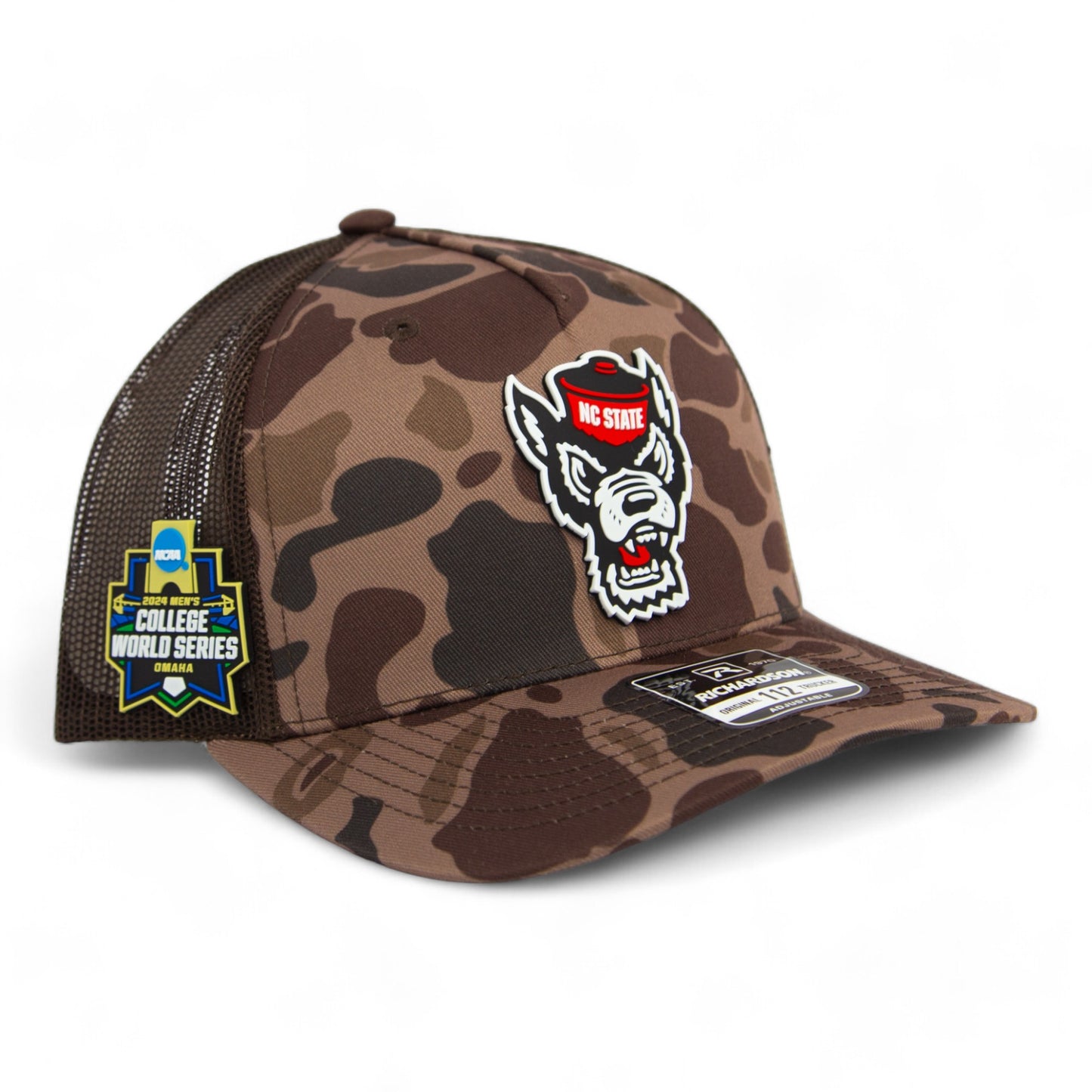 NC State Wolfpack 2024 Men's College World Series 3D Snapback Trucker Hat- Bark Duck Camo/ Brown