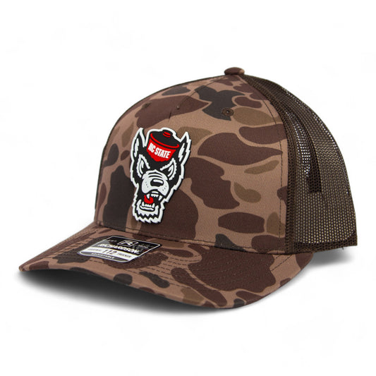 NC State Wolfpack 2024 Men's College World Series 3D Snapback Trucker Hat- Bark Duck Camo/ Brown