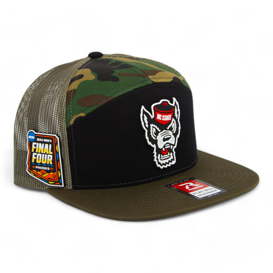 NC State Wolfpack 2024 Final Four 3D Snapback Seven-Panel Flat Bill Trucker Hat- Black/ Camo/ Loden