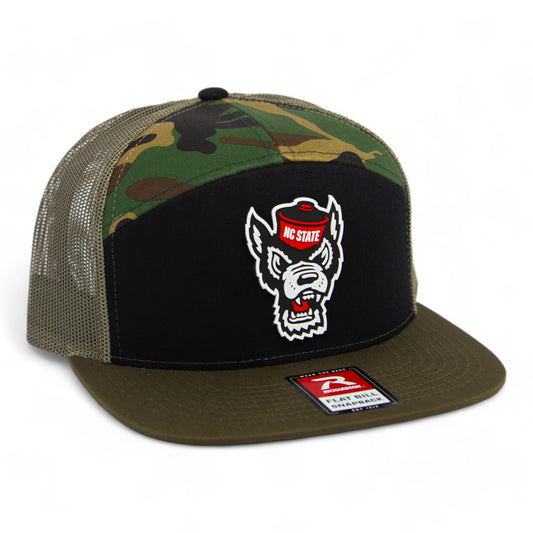 NC State Wolfpack 3D Snapback Seven-Panel Flat Bill Trucker Hat- Black/ Camo/ Loden