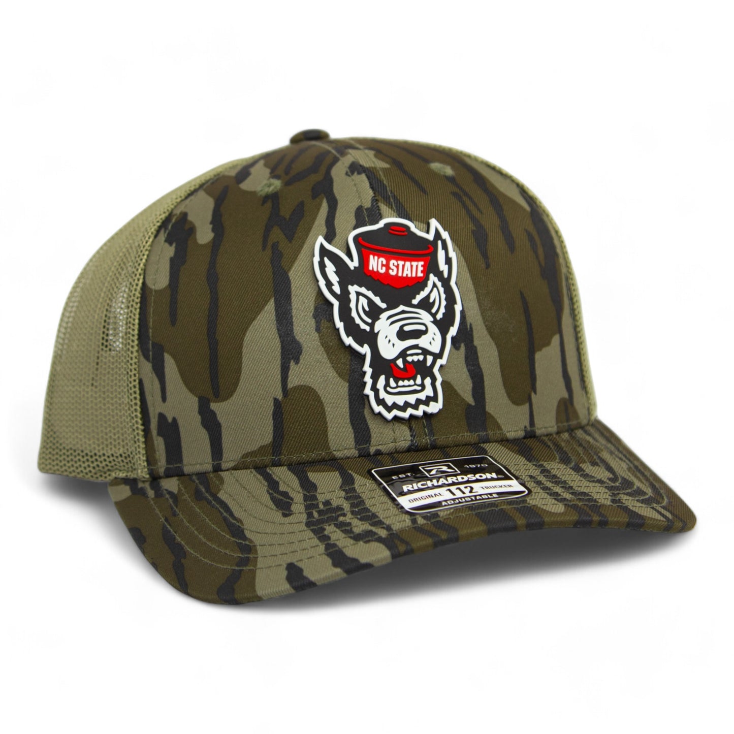 NC State Wolfpack 3D Snapback Trucker Hat- Mossy Oak Bottomland/ Loden