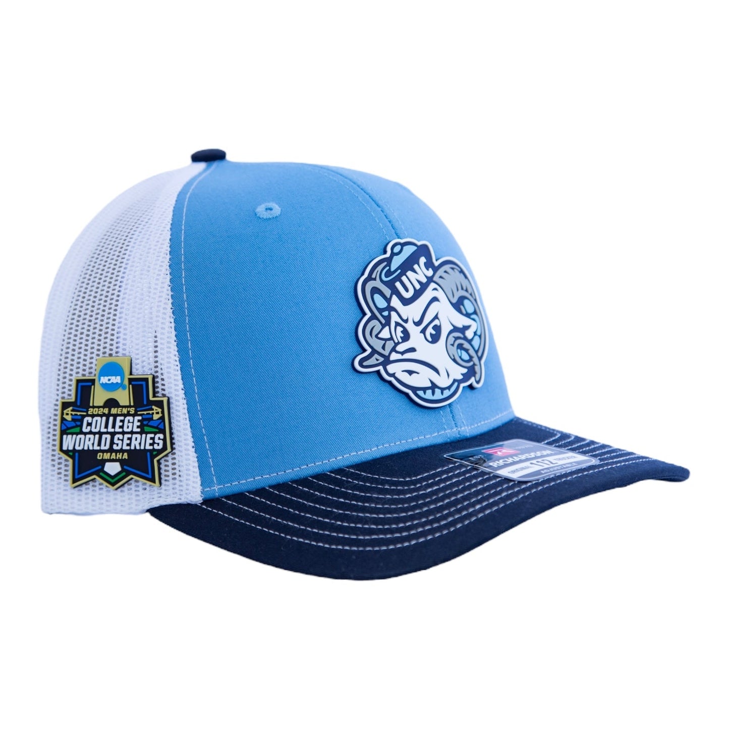 UNC Tar Heels 2024 Men's College World Series 3D Snapback Trucker Hat- Columbia Blue/ White/ Navy