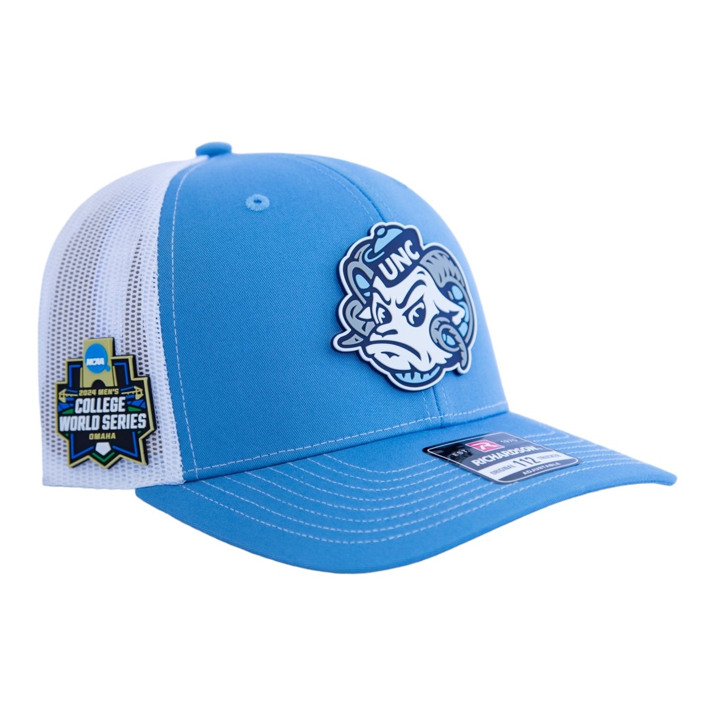 UNC Tar Heels 2024 Men's College World Series 3D Snapback Trucker Hat- Columbia Blue/ White