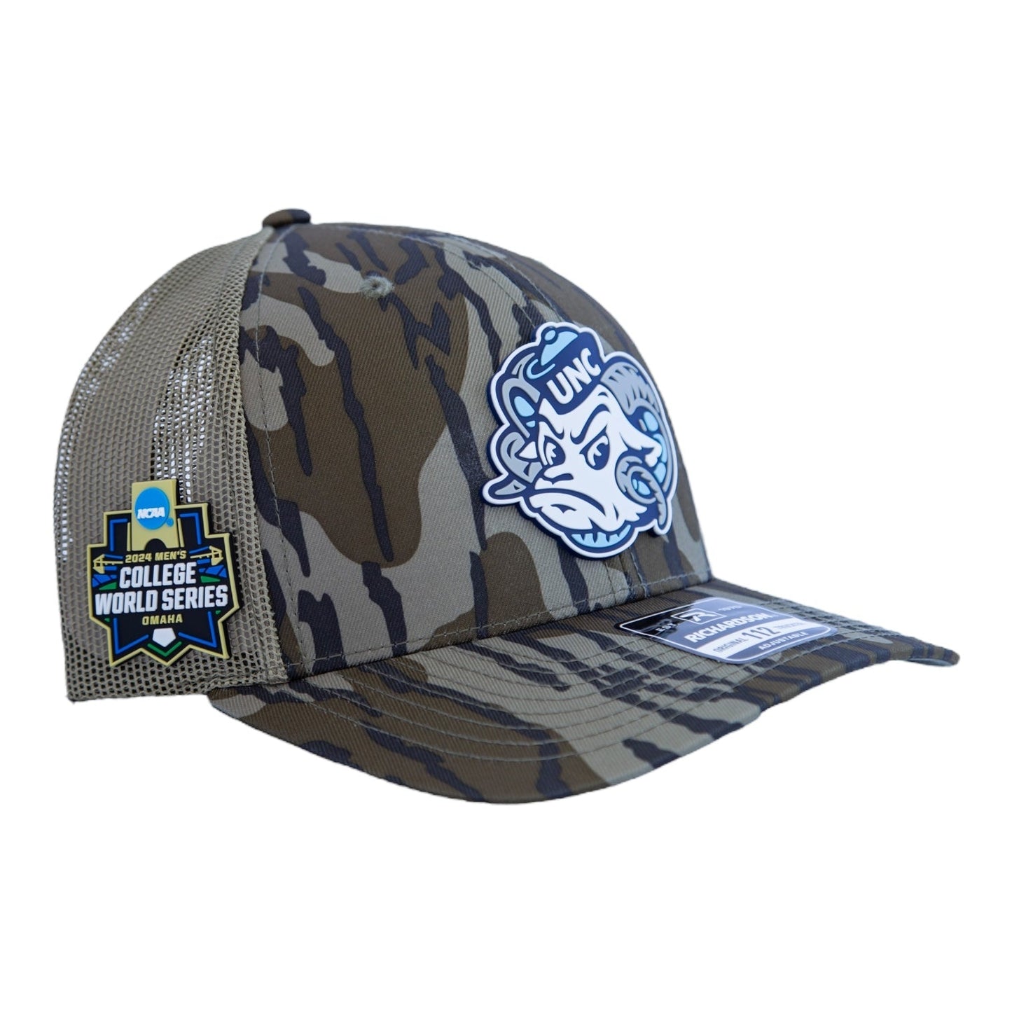 UNC Tar Heels 2024 Men's College World Series 3D Snapback Trucker Hat- Mossy Oak Bottomland/ Loden