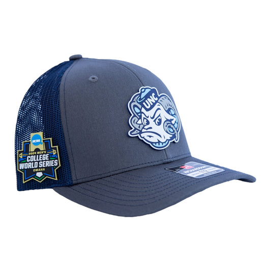 North Carolina Tar Heels 2024 Men's College World Series 3D Snapback Trucker Hat- Charcoal/ Navy