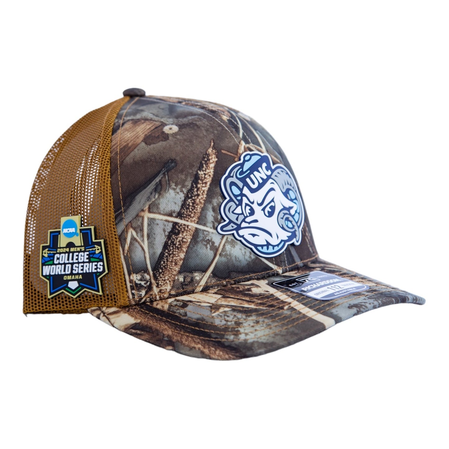 UNC Tar Heels 2024 Men's College World Series 3D Snapback Trucker Hat- Realtree Max 7/ Buck