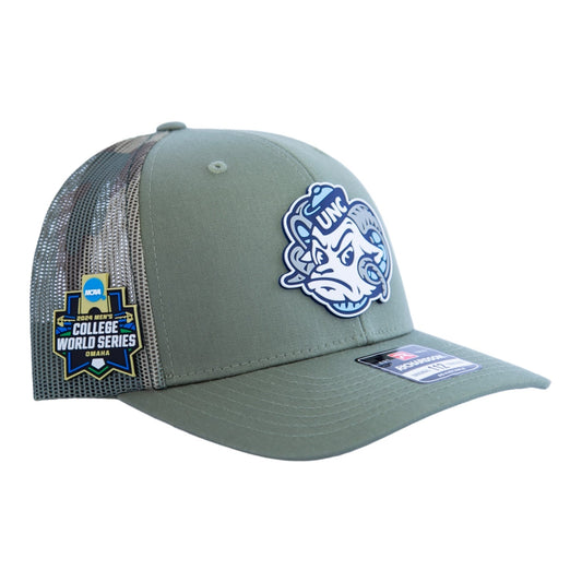 UNC Tar Heels 2024 Men's College World Series 3D Snapback Trucker Hat- Loden/ Green Camo