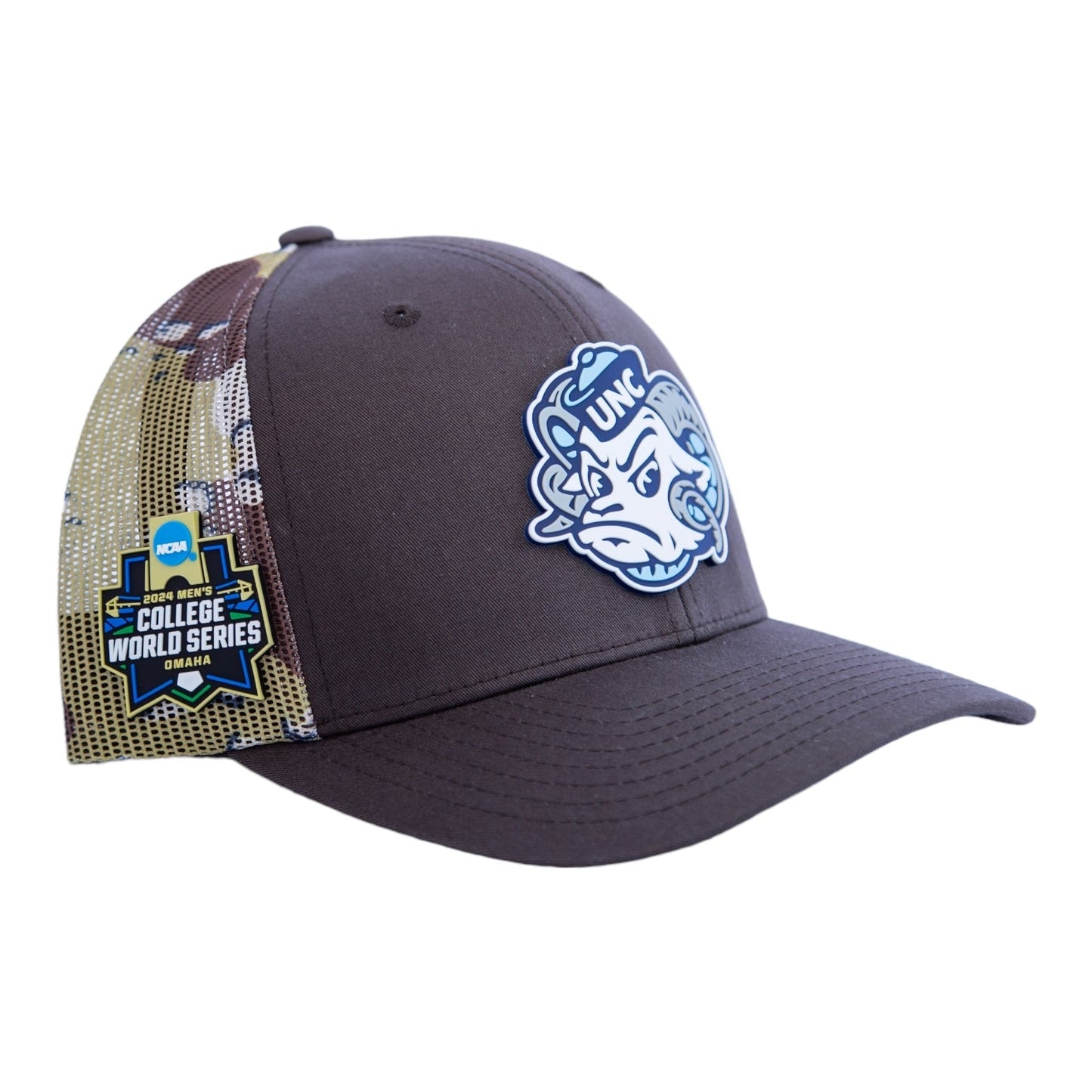 UNC Tar Heels 2024 Men's College World Series 3D Snapback Trucker Hat- Brown/ Desert Camo