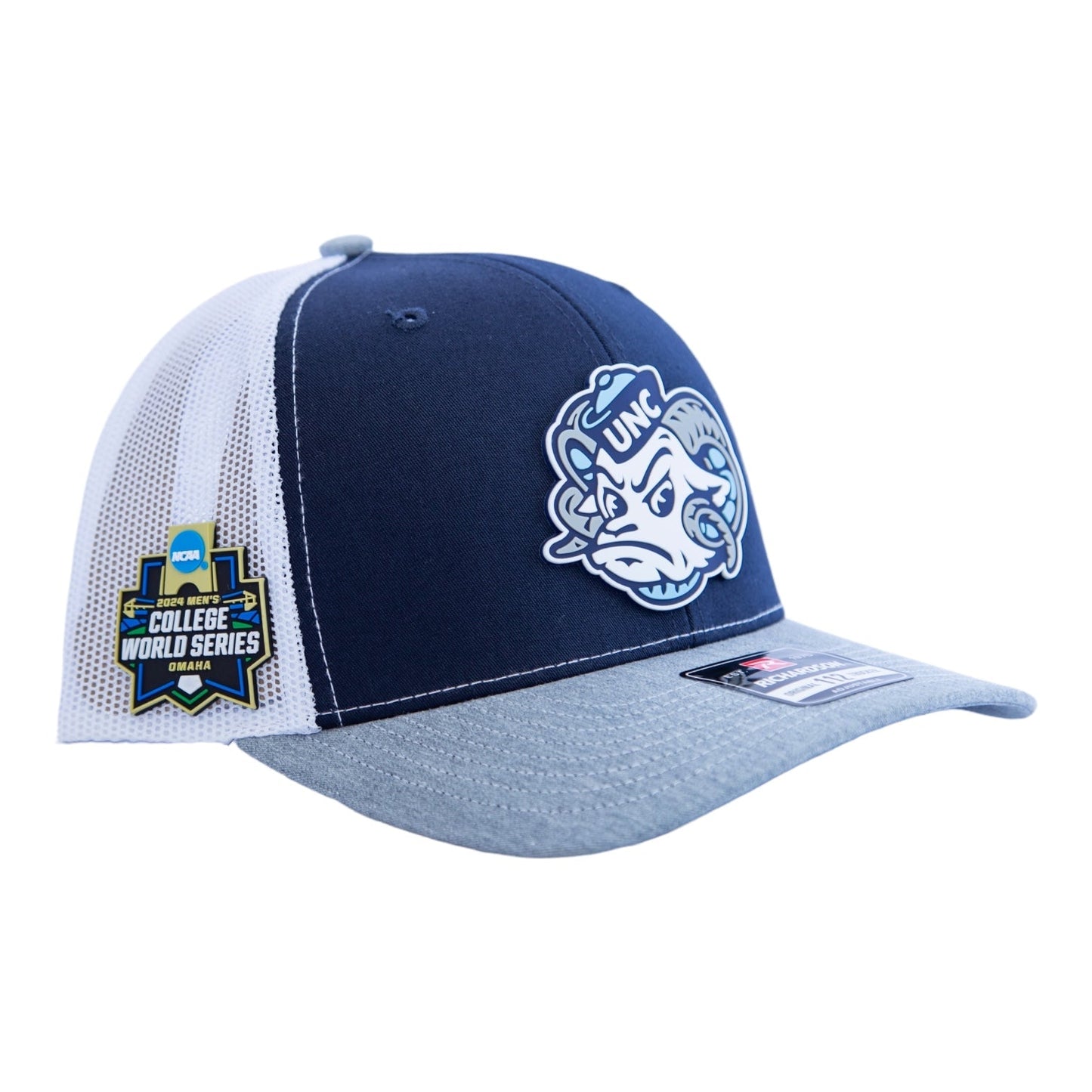 UNC Tar Heels 2024 Men's College World Series 3D Snapback Trucker Hat- Navy/ White/ Heather Grey