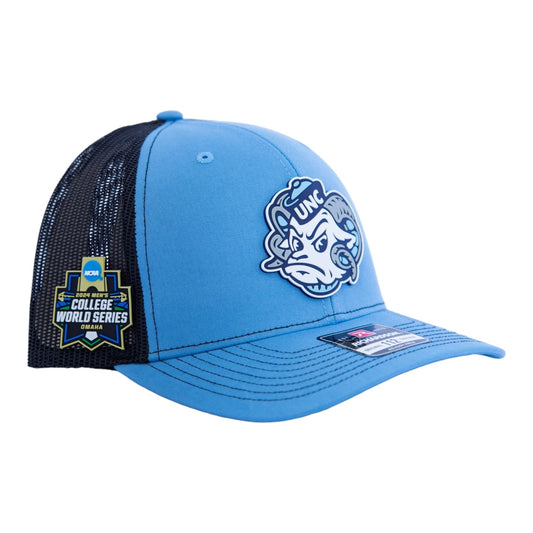 UNC Tar Heels 2024 Men's College World Series 3D Snapback Trucker Hat- Columbia Blue/ Black