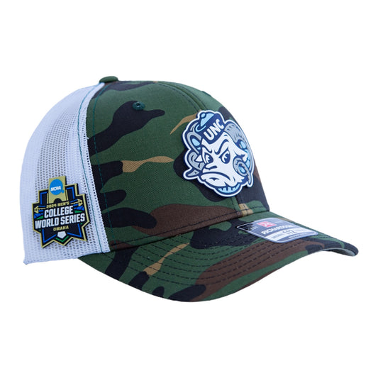 North Carolina Tar Heels 2024 Men's College World Series 3D Snapback Trucker Hat- Army Camo/ White